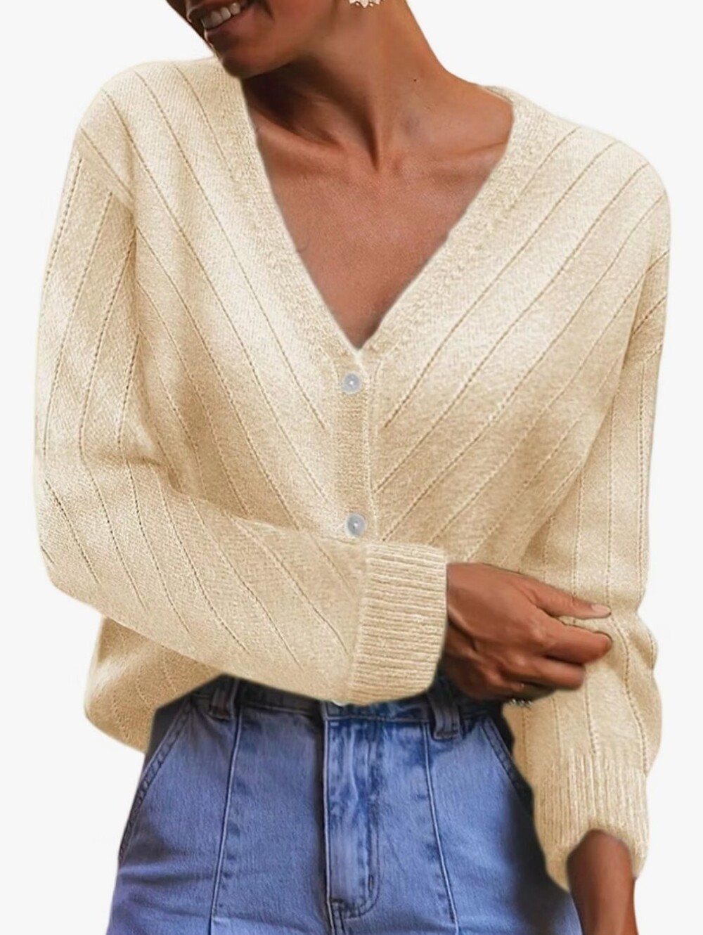 Cream V-Neck Button-Front Women's Sweater